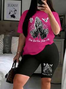 2 Piece Sets Women Fashion God Prays Graphic, Active Wear Women Set Workout, Black Shorts  Graphic Tees Women, Curve Plus Tops, Outdoor, Running, Summer Outfits For Women, Beach Vacation Outfits Woman - Hồng - Xem 2