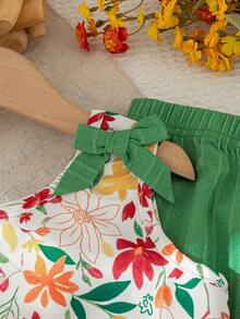 2pcs Girls Casual Bow Decor Random Print Sleeveless Top And Pants Set, Summer - Green - View 4