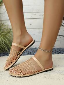Nuevas sandalias planas de estilo europeo y americano con tiras de red, cómodas sandalias de playa caladas para mujeres - Rosa vieja - Ver 5