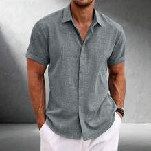 Men's Short Sleeve Linen Blend Button Down Shirt Breathable Casual Summer Beach Solid Color Top - 黑色 - 查看 4
