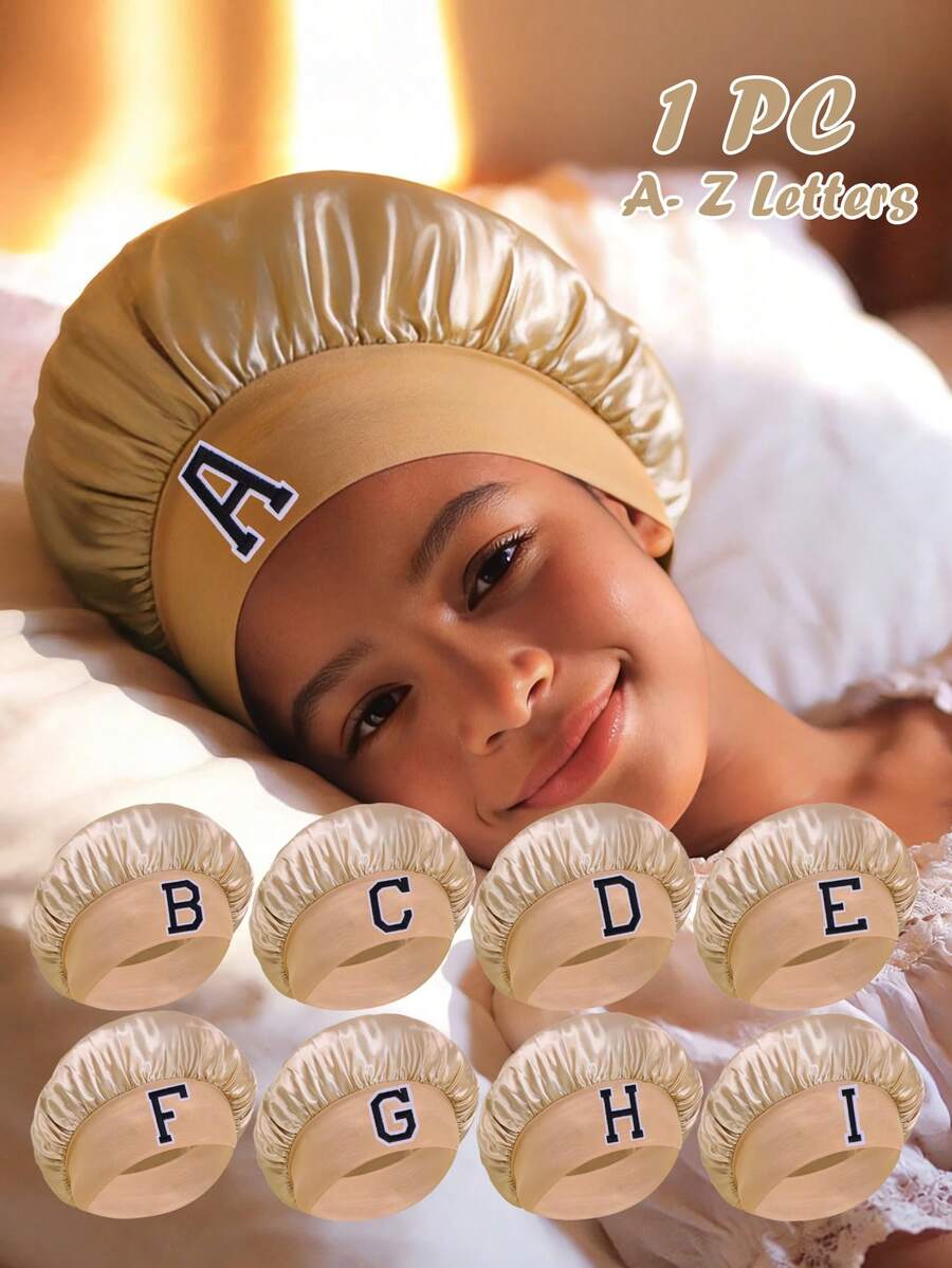 1 chiếc mũ ngủ trẻ em màu be in chữ cái A-Z, vành rộng, chất liệu satin co giãn, bảo vệ tóc, siêu mềm mại và thoáng khí. - Nhiều màu - Xem 1