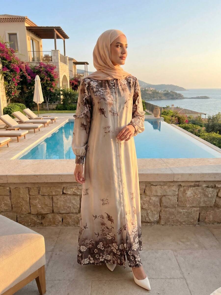 Elegant Women's Floral Print Off-Shoulder Long Loose Robe Dress Spring Fall