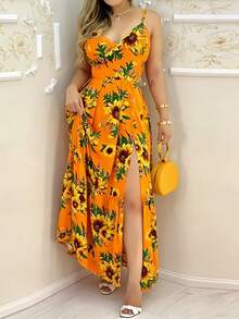 Maxi Length All-Over Floral Print Casual Bohemian Party High Slit Thigh Slit Beach Vacation Dress, Summer Elegant - Orange - View 4