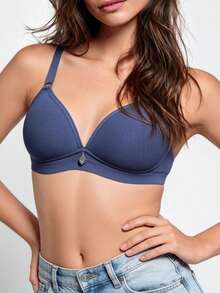 1pc Women's Comfortable Breathable Wireless Soft Cup Solid Color Bra - Dusty Blue - View 4