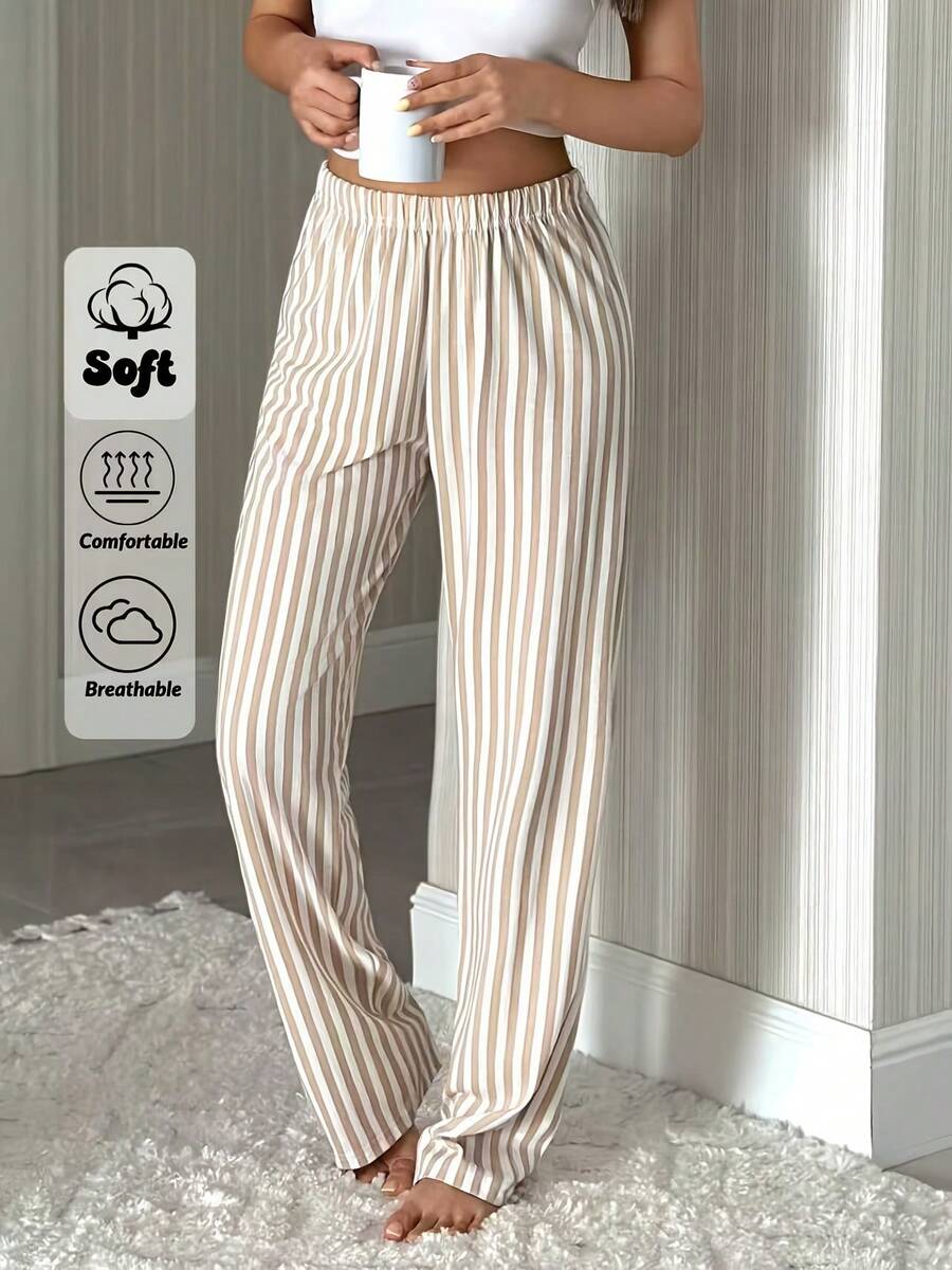 Women's Sleep Pants Loungewear 1pc, Casual Sleep Pants, Classic Striped Theme Comfortable Sleep Pants Home Pants, Comfortable For Home Use, Loose Comfortable Elastic Waistband Pants, Elegant Women's Wear For Holidays, Perfect Sleep Pants Choice - 白杏 - 查看 1