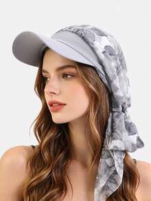 1pc Women's New Chiffon Ribbon Visor Hat, Sun Hat For Outdoor Travel Beach, Suitable For Daily Use,Holiday,Festival - Gray Leaves - View 1