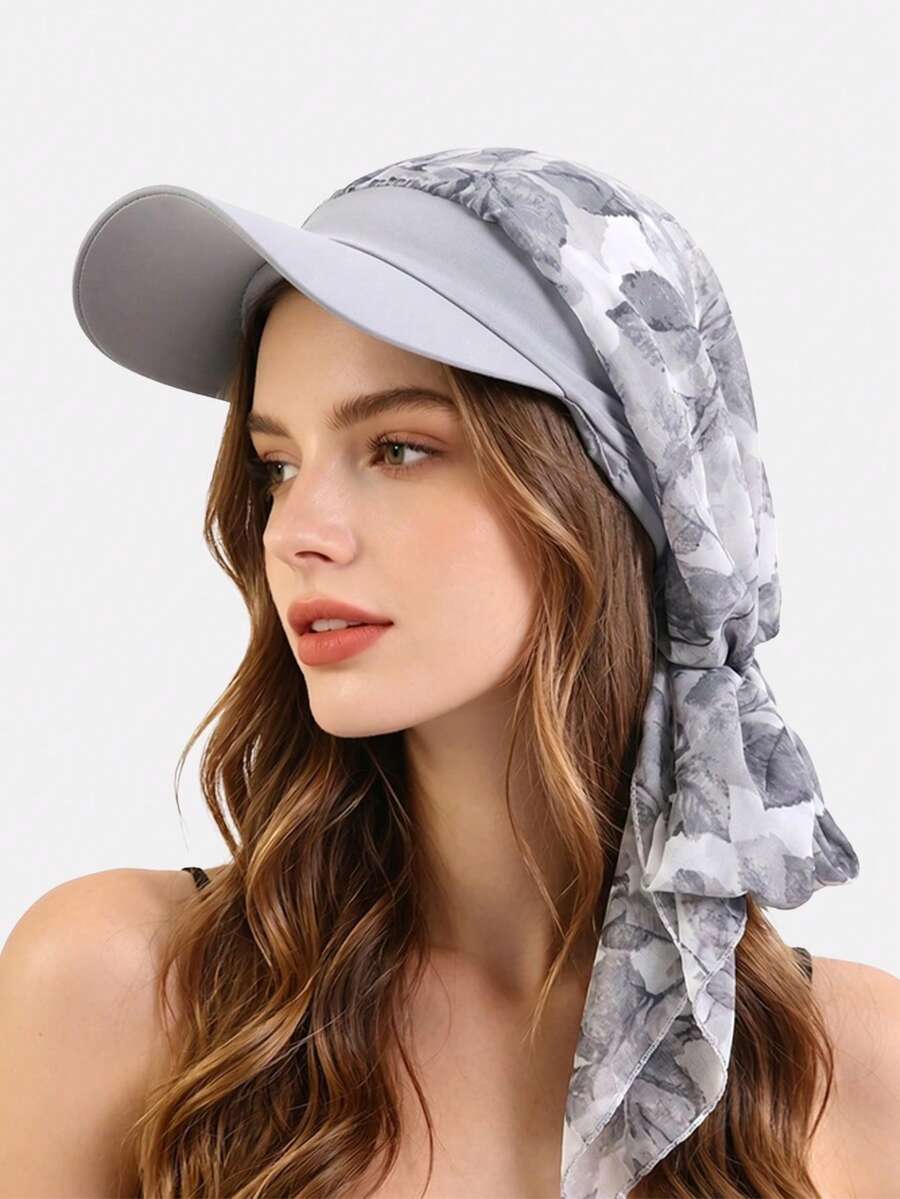 1pc Women's New Chiffon Ribbon Visor Hat, Sun Hat For Outdoor Travel Beach, Suitable For Daily Use,Holiday,Festival - Gray Leaves - View 1