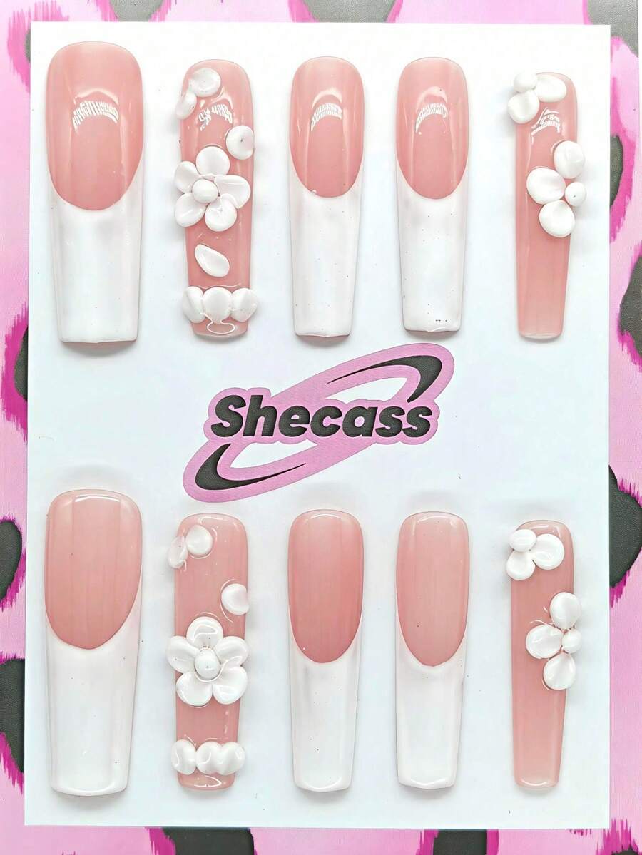 10 piezas de uñas postizas hechas a mano de uñas largas cuadradas, uñas rosas de Navidad, uñas francesas, decoración de flores 3D con 3 piezas de herramientas de arte de uñas, pegamento para uñas, suministros para uñas postizas para mujeres y niñas para fiestas, viajes, escuela diaria, verano, viajes, vacaciones, festivales de música - Multicolor - Ver 1