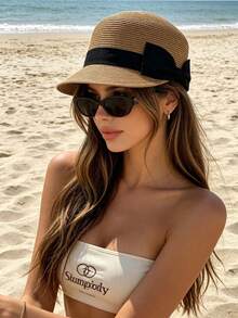 1pc Women's Straw Hat, Polyester Bohemian Style, Solid Color, Sun Protection, Breathable, Vintage, Suitable For Outdoor Daily Use,Beach,Travel - Multicolor - View 4
