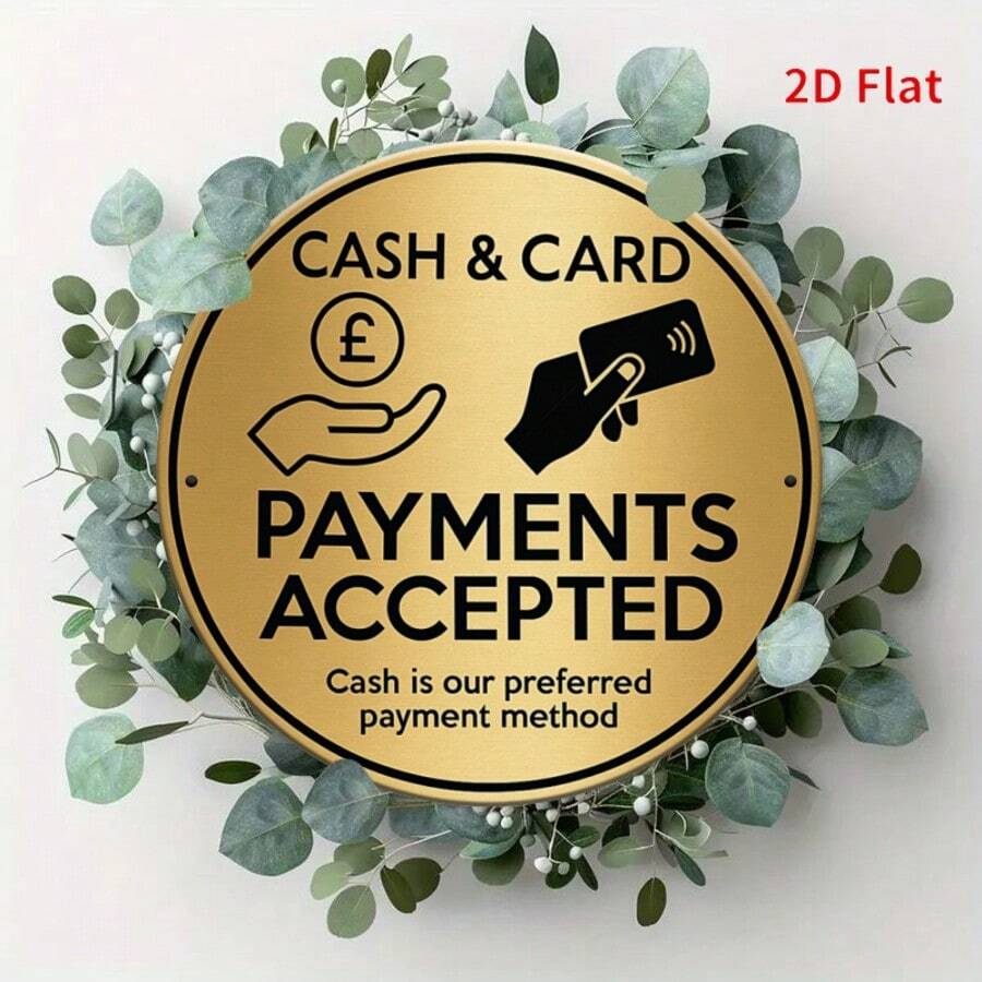 1个20x20厘米圆形金属标牌 - 金色喷漆，耐用铝材，时尚设计，适用于商业和零售场所（孔位随机）