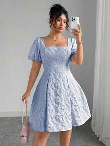 Vestidos elegantes de manga abombada con cuello cuadrado y estampado floral jacquard para mujer de talla grande. Vestidos elegantes, vestidos cortos de mujer para cumpleaños, vestidos de verano para el trabajo y el verano. - Azul - Ver 3