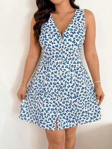 Easura Vestido casual de verano de talla grande con estampado floral y botones delanteros sin mangas - Rojo y blanco - Ver 7