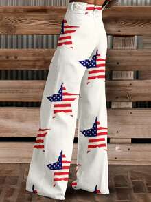 American Flag Star Print High Waisted Wide Leg Jeans Women Casual Pants Patriotic Fashion Long Trousers - 混色 - 查看 2