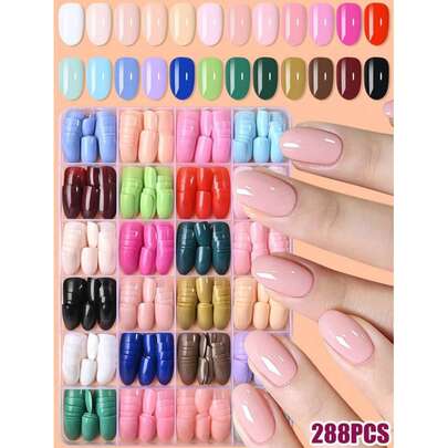 288片美甲贴纸套装，24种颜色，亮面亚克力假指甲，全覆盖，椭圆形，混色，纯色图案，短款，送给女性和女孩的完美礼物，美甲配件