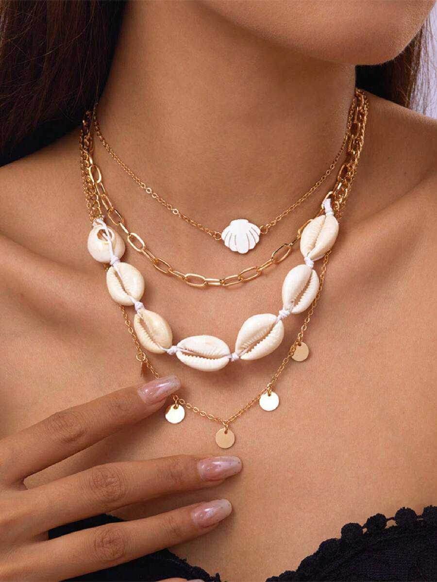 4pcs Bohemian Style Shell Necklace - Summer Beach Vacation Style Necklace Chain - Multicolor - View 1
