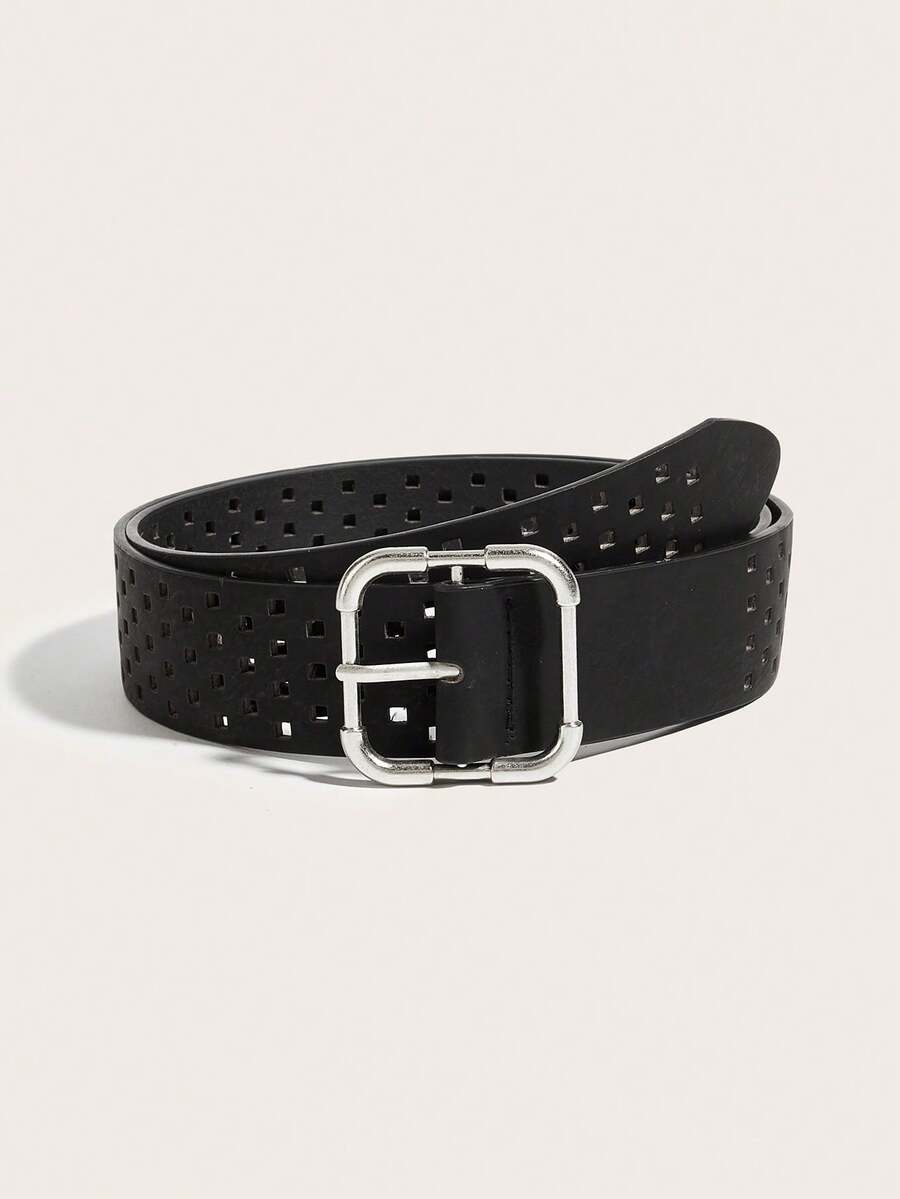 1pc Women's Silver Buckle Classic PU Perforated Belt, Fashionable For Commuting, Vacation, Matching Dresses And Pants, Suitable For Dates, Parties, And Daily Wear - Black - View 1