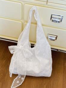 Sac fourre-tout imprimé floral mignon [Placement aléatoire du motif de fleurs en dentelle] - Beige - Voir 3