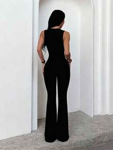 Bộ jumpsuit nữ cổ chữ V viền ren, trang phục công sở, mùa hè, màu đen, áo liền quần hàng ngày, jumpsuit thanh lịch, phù hợp cho các buổi hẹn hò, đi chơi, dự tiệc, trang phục ngoài trời. - màu đen - Xem 3