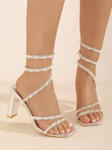 Spring/Summer Silver Mirror Pearl Rhinestone Snake Wrap Thick Heel Open Toe Sandals, Silver Thick Heel Open Toe Sandals, Women High Heel Sandals, Elegant Ladies High Heels - Silver - View 2