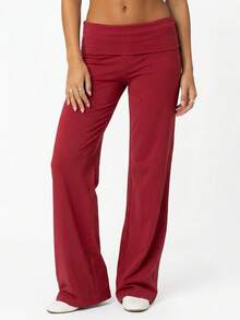 Women's Spring Summer Baggy Pants Foldover Waist Solid Color Loose Wide Leg Pants - Red - View 4