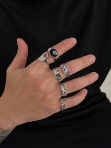 6pcs Hip Hop Black 8 Rings, Fashionable Personalized Five-Pointed Star Chain Rings, Niche Design Jewelry Set, Stylish Charm Accessories, Valentine's Day Gift For Husband/Boyfriend - Five-pointed Star Openwork Ring - View 2
