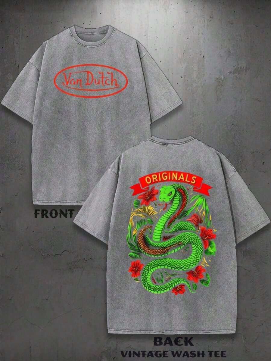Mens Clothes;Summer TopsMen Washed Cotton Streetwear Brand Originals Vons Dutchs Snake And Clover Print Casual Tee For Daily Wear Doors| Front And Back Print| Vintage Heavyweight T Shirt| Perfect Gift| Loose Comfortable Breathable| Machine Washable Fabric| Hip Hop Cool Style| Drippy Clothes| Y2Ksummer Outfits IDHU - 灰色 7 - 查看 1