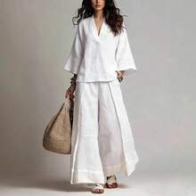 2026 Spring/Summer Cotton And Linen French Three-Quarter Sleeve Shirt + Contrast Color Wide-Leg Pants Set Women - 牛仔藍 - 查看 4