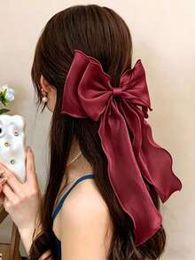 1pc Sweet Wine Red Princess Tulle Extra Large Bow Wave Ribbon Spring Clip, Elegant Soft Headpiece Hair Accessory For Spring,Hair Clip,Birthday - Burgundy - View 2
