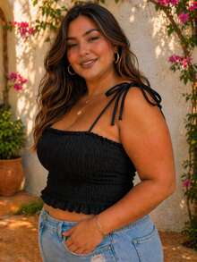 Blusa xadrez Feminina Cropped Plus Size Lastex Alcinha Regulável Blusinha festa junina - Preto - Visão 3