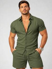 Men's Linen Set: Shirt And Shorts, Mauricinho Premium Style - xanh quân đội - Xem 1