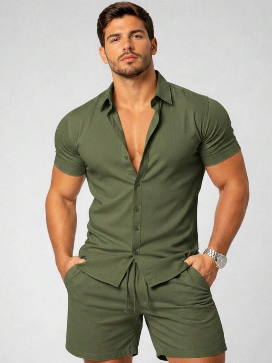 Men's Linen Set: Shirt And Shorts, Mauricinho Premium Style - xanh quân đội - Xem 1