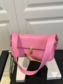 New Fashion Solid Color Metal Decor Shoulder Bag, Versatile Minimalist Elegant Ladies Handbag, Suitable For Shopping, Wallet, Young Women, College Students, Newlyweds, Office Ladies. Ideal For Office, School, Work, Business, Outdoor Activities, Travel And Outings. - Pink - View 4