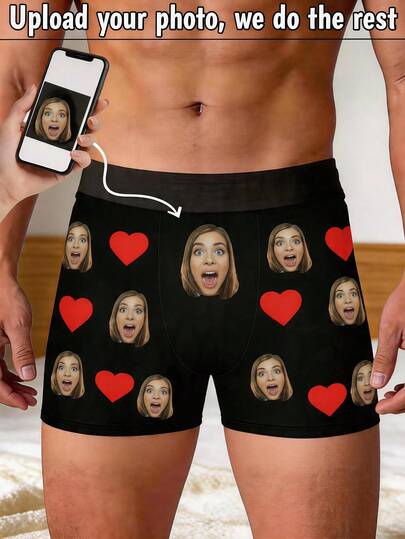 1pc Men's With Customizable Photo & Pattern Feature, For Personalized Fashion, Fun Custom Style, Boxer Briefs, Suitable For Daily Wear & Gifting ,For Family, Custom Funny