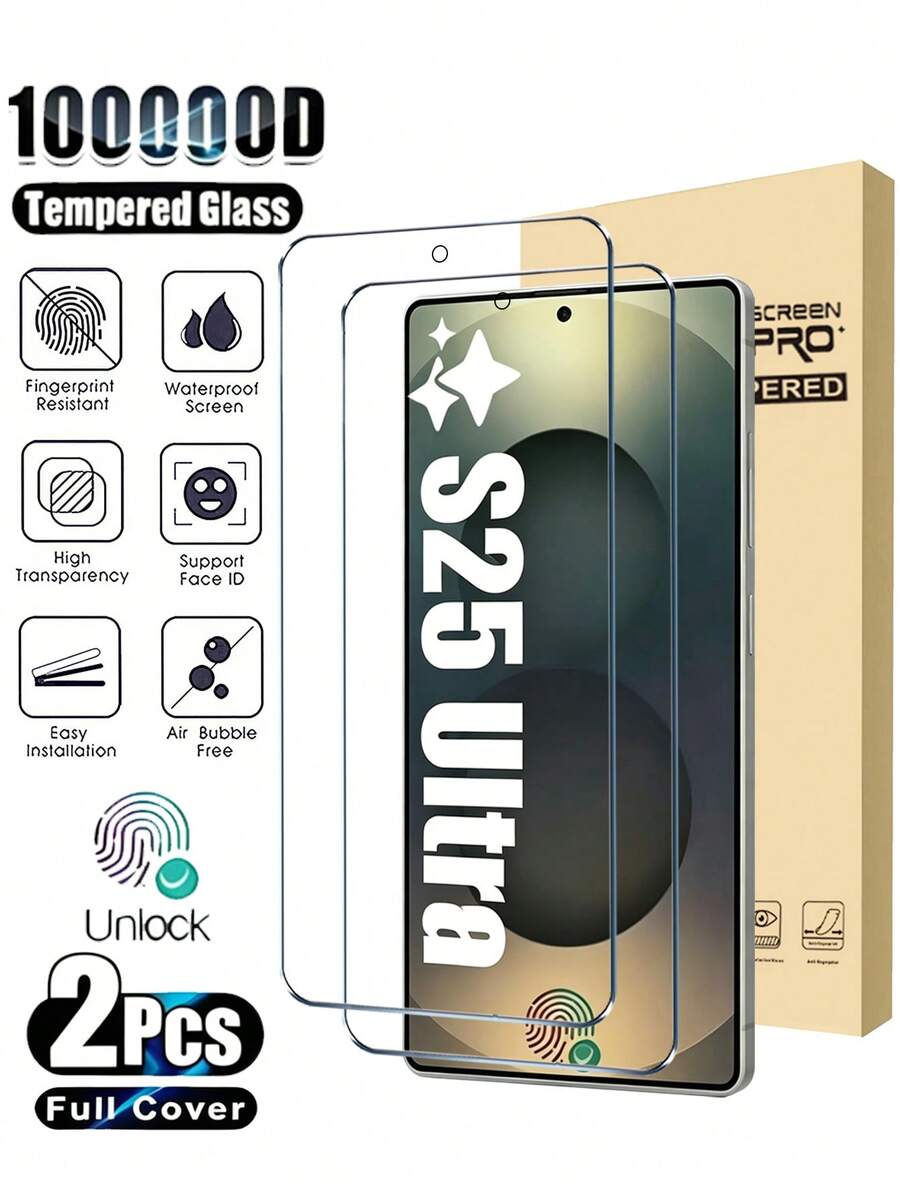 Luxury Android Tempered Glass Screen Protector 2pcs/Set High Definition Fingerprint Unlock Screen Protector Compatible With Samsung Galaxy S21/S22/S23/S24/S25/S26/FE/Plus/Ultra/Plus/Edge Series. High-Clarity, Protection, Made Of Premium Glass Material. Smartphone Screen Protector, Suitable For Tech Enthusiasts. 9H Tempered Glass, Phone Accessories, Can Be Used With Phone Cases, A Great Mother's Day Gift For Family And Friends. - Clear - View 1