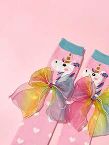 1 Pair Girls' Sweet Cute Rainbow Bow Decor Calf Socks, Cartoon Pony Pattern Design Girls' Mid-Calf Socks, Suitable For Girls In Spring, Autumn And Transitional Seasons, Versatile Design Girls' Student Socks - Multicolor - View 6