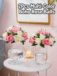 2Pcs Faux Rose Balls - Boho Table Centerpieces, Pink-White/White/Champagne Fake Flower Decor For Wedding/Birthday/ Dining Table,Home Decor & Party, Reusable Low-Maintenance Floral Balls - Multicolor - View 10