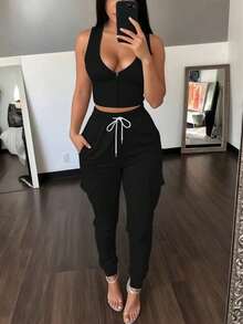 Summer New Women's Casual Comfortable Solid Color Sleeveless Tank Top And Elastic Waist Pocket Long Pants 2 Pieces Set - Black - View 2