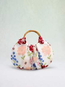 SCULPTEDSTYLE BAGS 1pc Colorful PVC Sequin Flower Ruffle Cloud Shaped Bag, Fashionable Linen Bottom Mesh Embroidery Fan-Shaped Vintage Bamboo Handle Tote Bag, Summer Casual Vacation Style Fashion Ladies Handbag (Flower Pattern Randomly Sent) - Multicolor - View 4