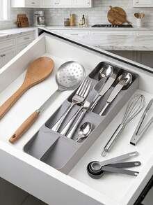 Organizador de cubiertos para cajón de cocina, bandeja compacta y ahorradora de espacio para cubiertos y cubertería - Gris - Ver 2