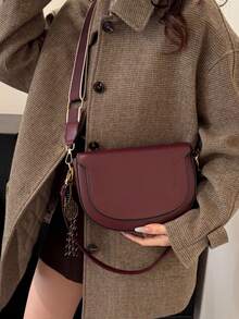ZA New Autumn Women's Burgundy Saddle Bag, Contrast Stitching Design, Top Handle Shoulder Crossbody Flap Rigid Bag - Red - View 4