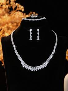 5pcs Luxury Rhinestone Jewelry Set Including Necklace, Earrings, Bracelet And Ring, Suitable For Women's Daily Commute, Wedding, Party And Holiday Gifts - Multicolor - View 3