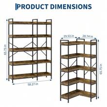 Estantería industrial en forma de L de 5 niveles - Estantes abiertos de madera para exhibición - Estructura resistente de metal y acero al carbono - 4 ganchos - Librero esquinero independiente para sala de estar, dormitorio, oficina en casa - Marrón rústico - Marrón Chocolate - Ver 8