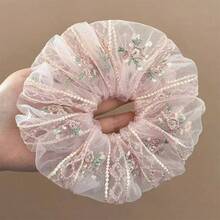 Chinese Style Embroidered Elegant Large Intestine Circle Hair Tie, Niche High-End Organza Hair Accessory - Pink - View 1