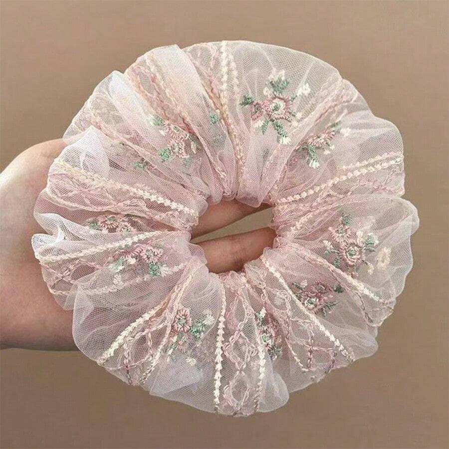 Chinese Style Embroidered Elegant Large Intestine Circle Hair Tie, Niche High-End Organza Hair Accessory - Pink - View 1