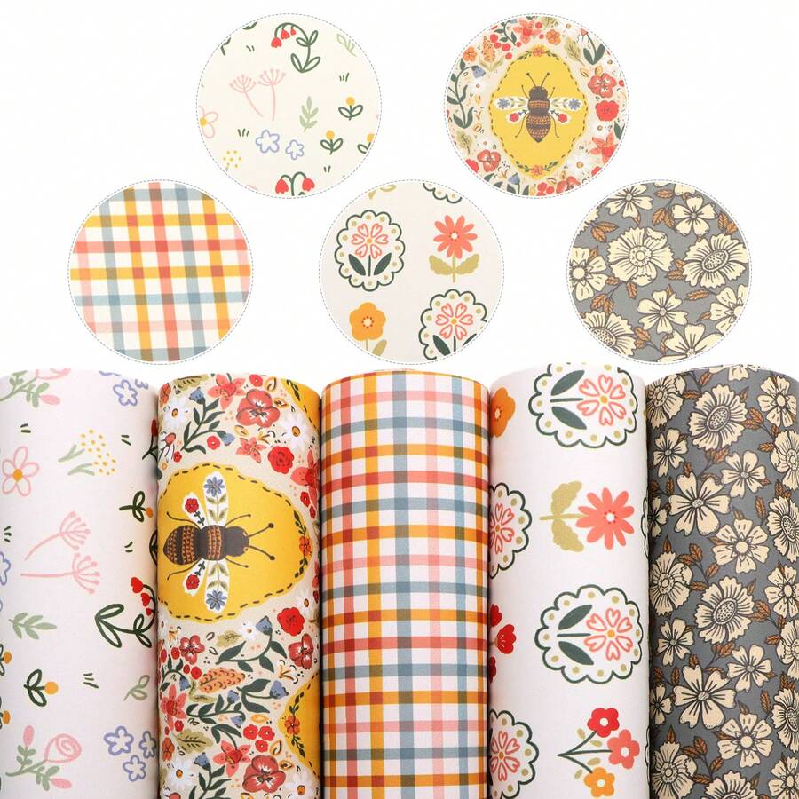 5pcs/Set Bee Flower Pattern Faux Synthetic Leather Fabric Sheets Bundle For DIY Bows, Earrings, Crafts, Handbag, Diy Projects - Default - View 1