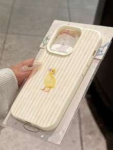 1 pieza Funda de teléfono de material TPU con diseño minimalista de rayas rosas, flores y patitos, antideslizante, a prueba de golpes, ligera y duradera, compatible con iPhone17 Pro Max/17Pro/17/16 Pro Max/16Pro/16/15/13/12/11, protección suave y resistente a caídas - Beis - Ver 3