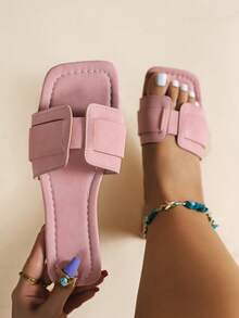 宽楦简约交叉绑带方头拖鞋，休闲平底凉鞋，时尚百搭，适合日常穿着 - 粉色 - 查看 1