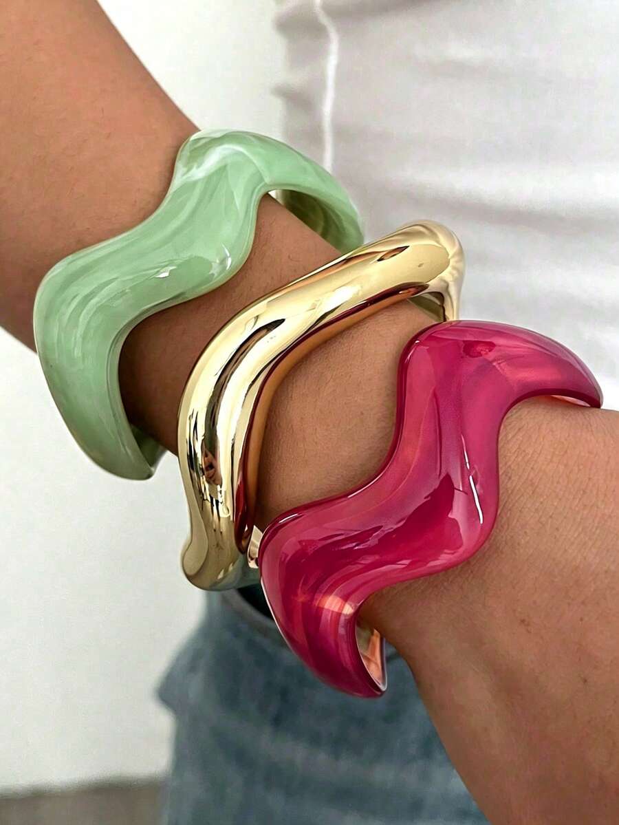 1pc/3pcs Retro Minimalist Wavy Acrylic & CCB Material Colorful Open Bangle Bracelet, Suitable For Women's Daily Wear, Stackable, Perfect Gift Choice For Holidays - Multicolor - View 1