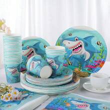 Shark Themed Disposable Tableware Set, Including 9 Inch & 7 Inch Paper Plates, 9oz Paper Cups, Napkins, Blue Ocean Underwater Shark Print Dinnerware Kit For Pool Party, Summer Gathering, Celebration, Beach Party, Ocean Themed Events - Multicolor - View 4
