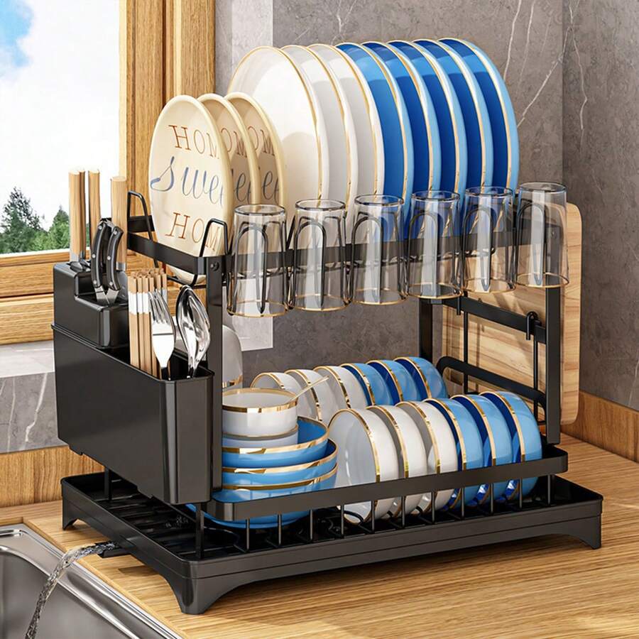 1pc Over-The-Sink Dish Drying Rack, Detachable Large Capacity 2-Tier Dish Rack With Double-Layer Bowl Rack, Cup Holder, Drip Tray, Cutting Board Holder, Utensil Holder, Black - Multicolor - View 1